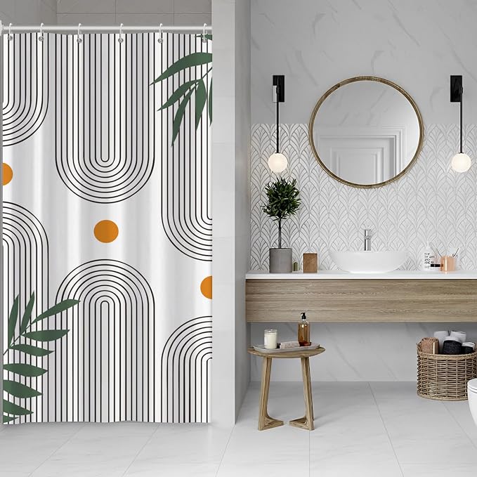 Boho Mid Century Shower Curtain Bohemian Minimalist Geometric Arch Sun Bathroom Curtain Sage Green Plant Polyester Shower Curtain Sets for Bathroom Extra Long 36x72 in with 6 Hooks