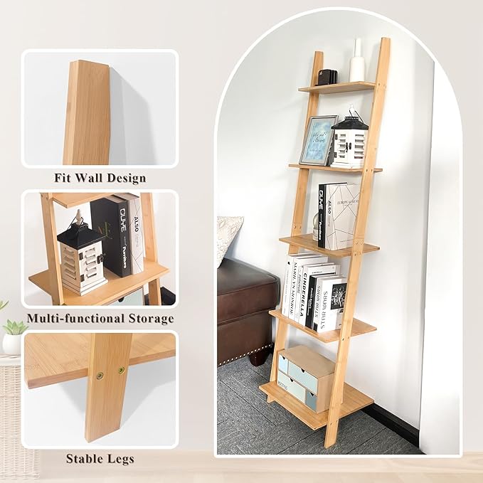 Wall Leaning Ladder Shelf Bookcase,5-Tier Bamboo Storage Rack Shelvest,FreeStanding Plant Stand, Corner Display Shelves for Living Room, Bathroom, Kitchen, Office(65in)