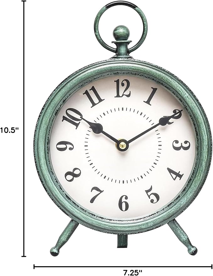 EMAX HOME Vintage Rustic Green Table Clock on Stand, Decorative Desk and Shelf Clock,Decorative Battery Operated Table Top Clock for Living Room,Silent Non-Ticking