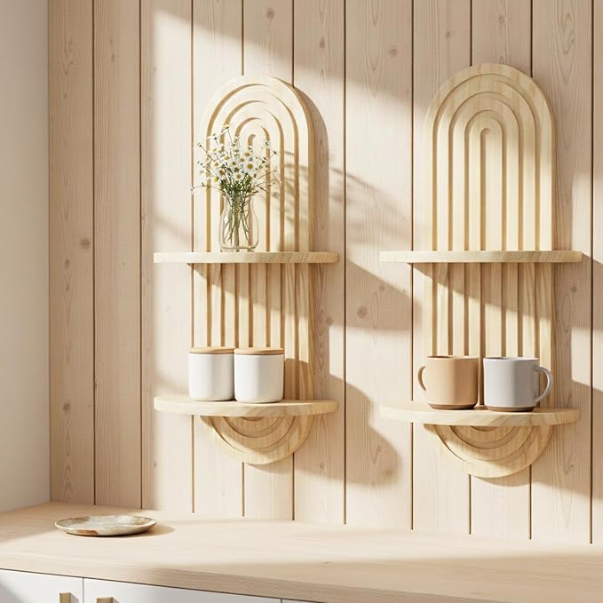 Boho Wall Shelves with Arched Wooden Design, Mid Century Modern Decor Plant Wall Shelf Set of 2, Double Floating Shelves for Home Living Room Bathroom Bedroom, 23.6 x 11.8 Inches (Natural)
