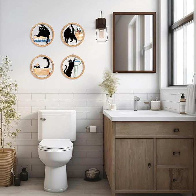 HPNIUB Funny Bathrooms Wall Decor, Black Cats In the Bath Wood Sign, 4 Pieces 10''x10'' Farmhouse Wooden Hanging Sign for Toilet Powder Room Restroom Wall Decoration, Lovely Cat Gifts