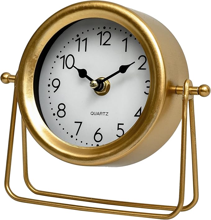 EMAX HOME Small Gold Desk and Shelf Clock, 6.9*5.9 Inch Retro Elegant Tabletop Clock with Glass Cover, Silent Non-Ticking Battery Operated Decorative Clock for Living Room, Office, Bedroom, Gift Idea