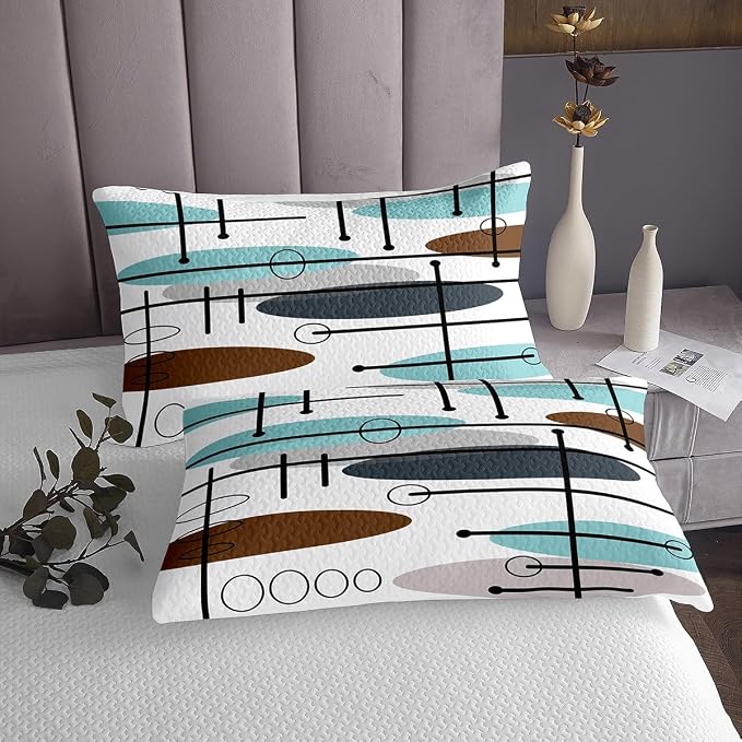 Erosebridal Mid Century King Quilt Set Modern Minimalist Coverlet Set, Hippie Old Fashion Bedding Set Abstract Artwork Bedspread Set, Aesthetic Lines Circles Bed Quilt Teal White Grey