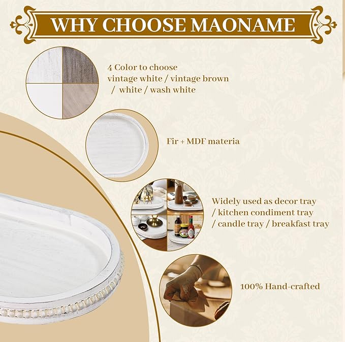 MAONAME Wood Serving Tray, Farmhouse Wooden Tray for Coffee Table, Oval Beaded Trays, Vintage White Decorative Trays for Living Room, Kitchen, 15" X 9" X 1.2"
