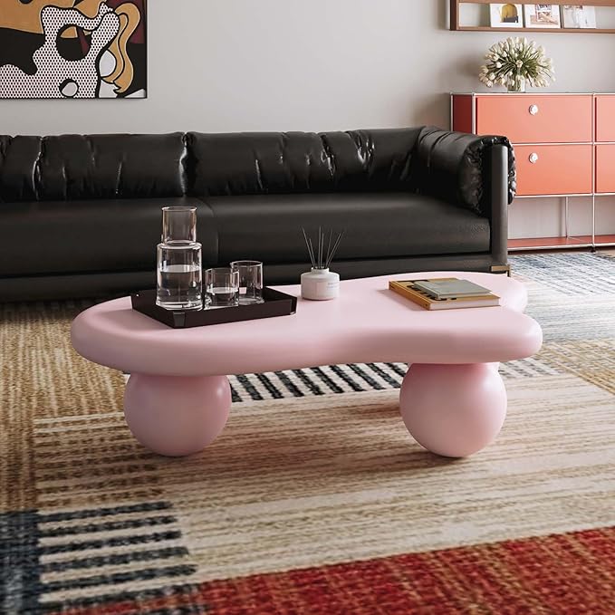 40" Modern Small Coffee Table Cloud Shape Low Center Table Cute Irregular Indoor Tea Table with 3 Ball Legs for Living Room Small Space