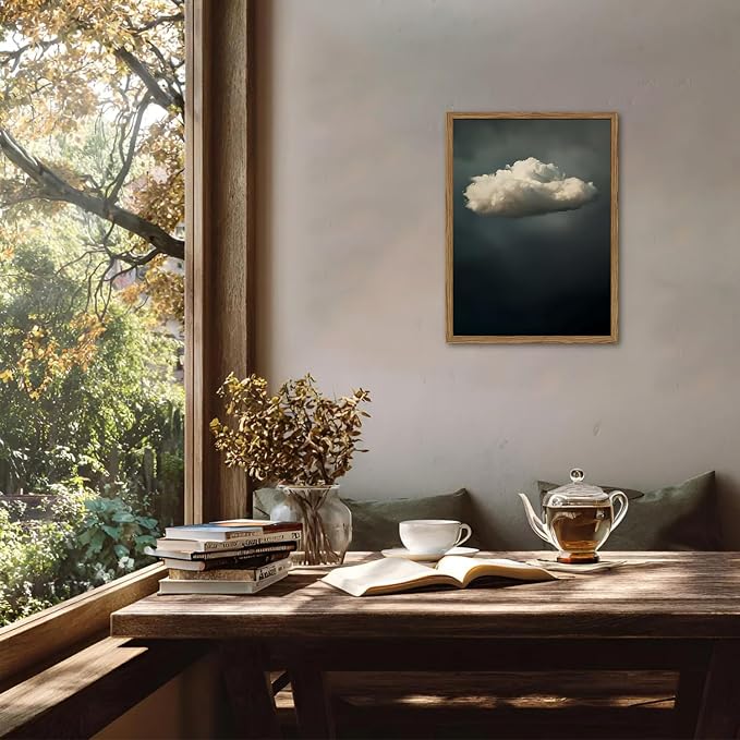 Dark Moody Cloud Wall Art Vintage Sky White Cloud Wall Decor Picture, Maximalist Canvas Print painting Cloudscape Abstract Artwork for Living Room Bedroom 12x16 inch Wood Framed