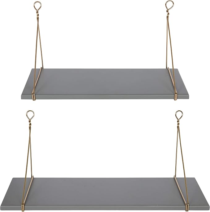 Kate and Laurel Vista Wood and Metal Wall Shelves, 2 Piece Set, Gray and Gold