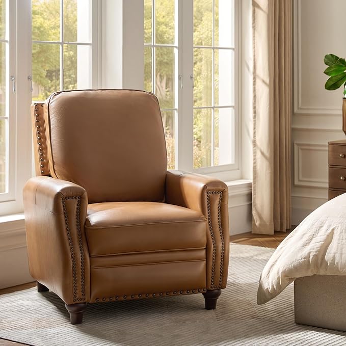 HULALA HOME Genuine Leather Recliner Chair, Classic Push Back Manual Recliner Armchair with Thick Seat and Backrest for Bedroom Living Room Reading Home Relax Office(Camel)