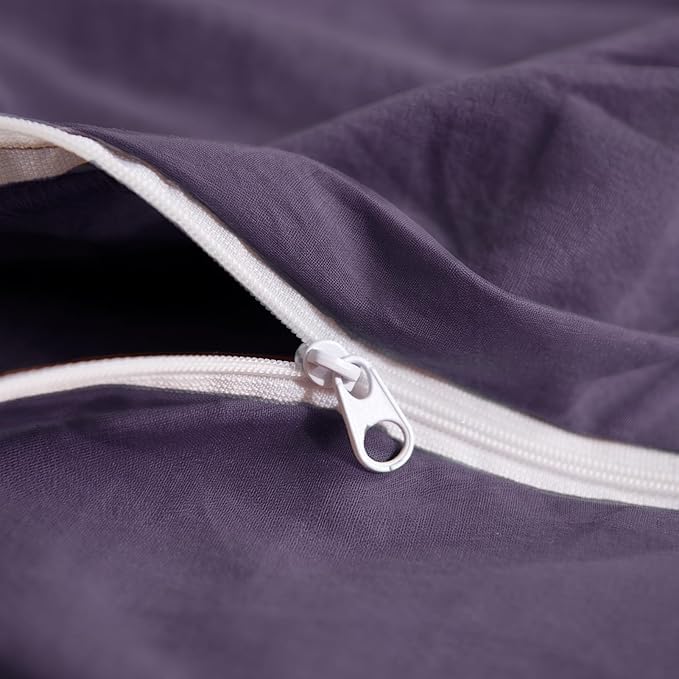 NEXHOME PRO 100% Washed Cotton Duvet Cover Queen Size, Ogranic Natural Linen Feel Breathable Bedding Set with Zipper Closure, 3 Pieces Duvet Cover Set Eggplant (No Comfortert) 9090