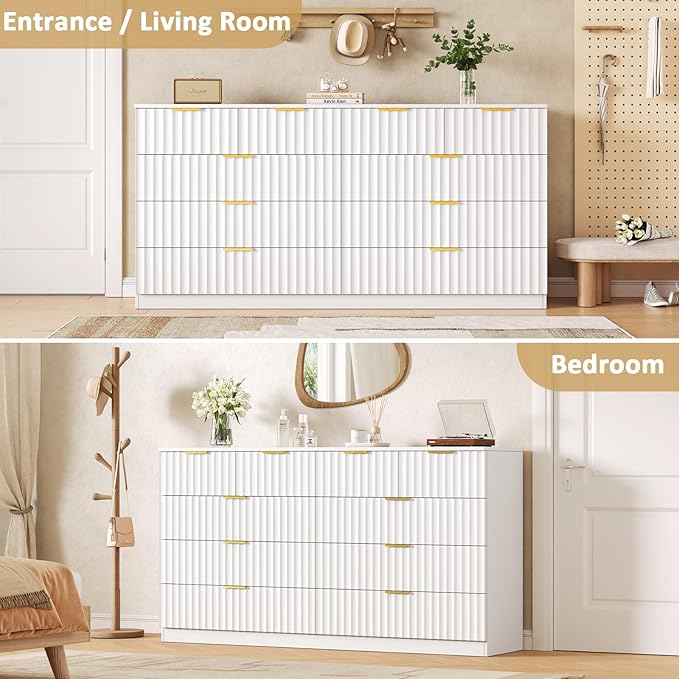 Fluted 10 Drawer Dresser for Bedroom,55.1''W Modern Dresser for Closet with Metal Handle, Wooden Chest of Drawers for Bedroom, Living Room, Hallway,White
