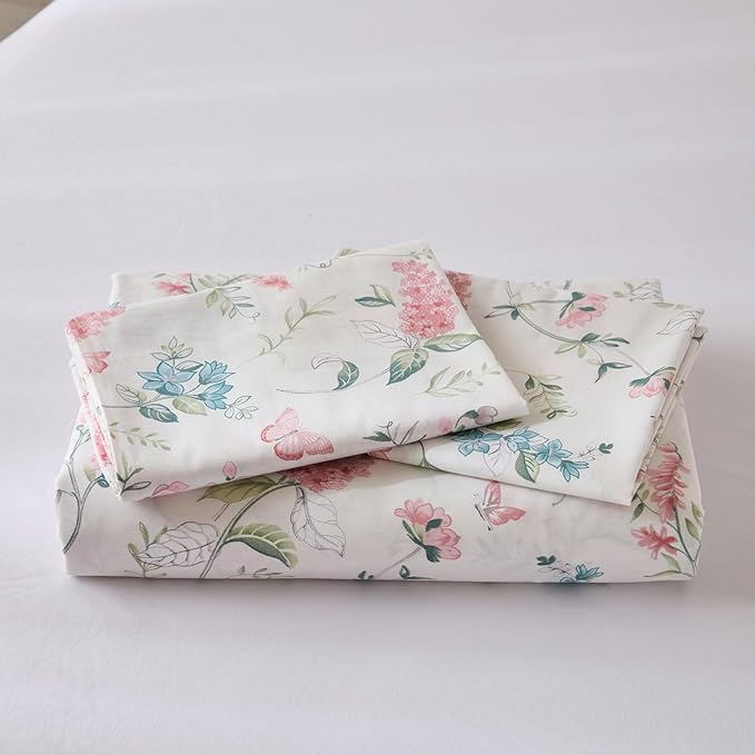 Duvet Cover King Size - 100% Nature Cotton Pink Floral Duvet Cover with Zipper Closure & Corner Ties,3pcs Soft & Breathable Pink Bedding Set with 2 Pillowcases 20"x36"