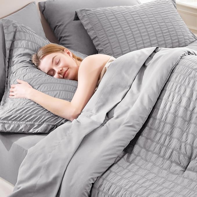 CozyLux Twin XL Comforter Set for College Dorm, 5 Pieces Grey Seersucker Twin Extra Long Bed in a Bag, Gray Down Alternative Bedding Set with Comforter, Sheets, Pillowcase & Sham, Back to School Gift