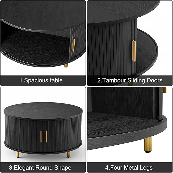 DHH Round Coffee Table, 31.5" Mid Century Modern Coffee Table with 360° Sliding Tambour Door, Fluted Accent Coffee Table with Storage Adjustable Footpads for Living Room, Black