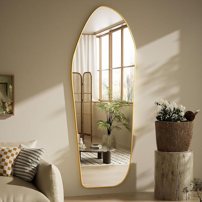 Full Length Floor Mirror - 76"x34" Irregular Diamond Shaped Floor Mirror Aluminum Frame Mirror Full Length for Bedroom Living Room Cloakroom Decor Gold
