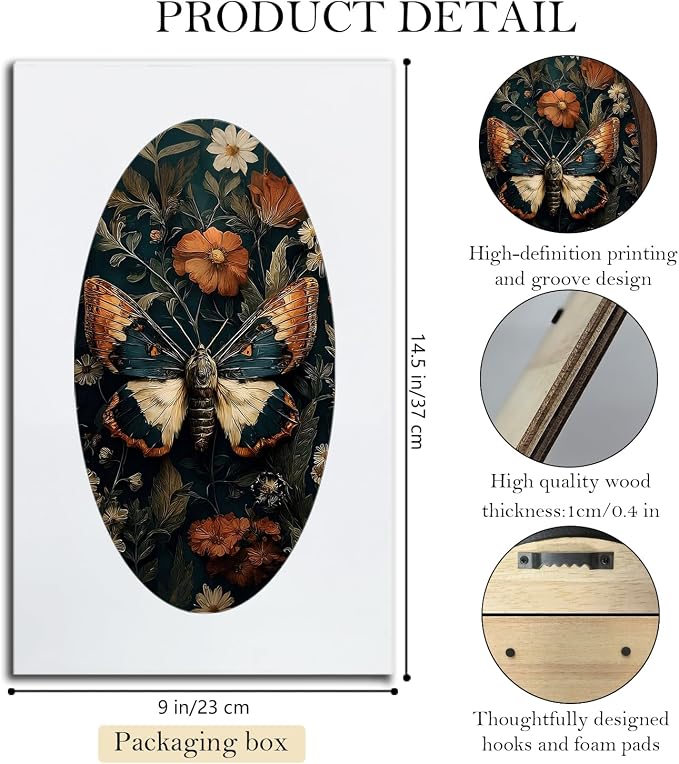 UYIKG Vintage Moth Wall Art Decor,Cottagecore Moth Floral Oval Wall Decor,Gothic Witchy Mystical Oval Wooden Framed Decorations for Theme Room Home Bedroom Living Room 9x14.6 in