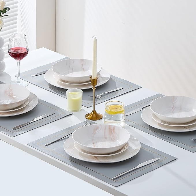 Bestone 12 Pieces Round Kitchen Dinnerware Sets,Plates and Bowls sets,Dishes, Plates, Bowls, Dish Set,Plates and Bowls,Service for 4, Orange and White Marble