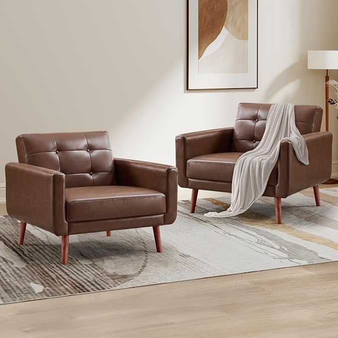 CANMOV 29" W Oversized Leather Accent Chair Set of 2, Mid Century Modern Accent Chairs, Armchair Button Back for Living Room, Modern Upholstered Bedroom Chair Cozy Armchair with Wood Legs, Brown