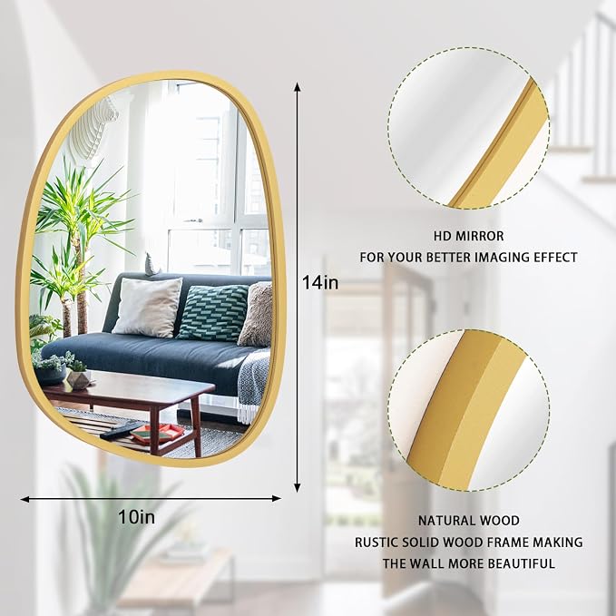 Irregular Wooden Framed Mirror for Wall Modern Asymmetrical Unique Hanging Mirror Artistic Unique Oval Shape Wall Mirror Decor Bathroom Vanity Bedroom Living Room Entryway Hallway Small