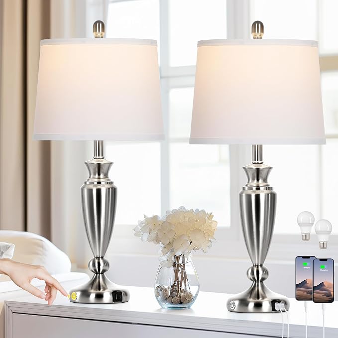 Rinweey Metal Table Lamps Set of 2, 3 Way Touch Control Silver Bedside Lamps with USB A+C Ports, Modern Brushed Nickel Nightstand Lamps for Bedroom Living Room