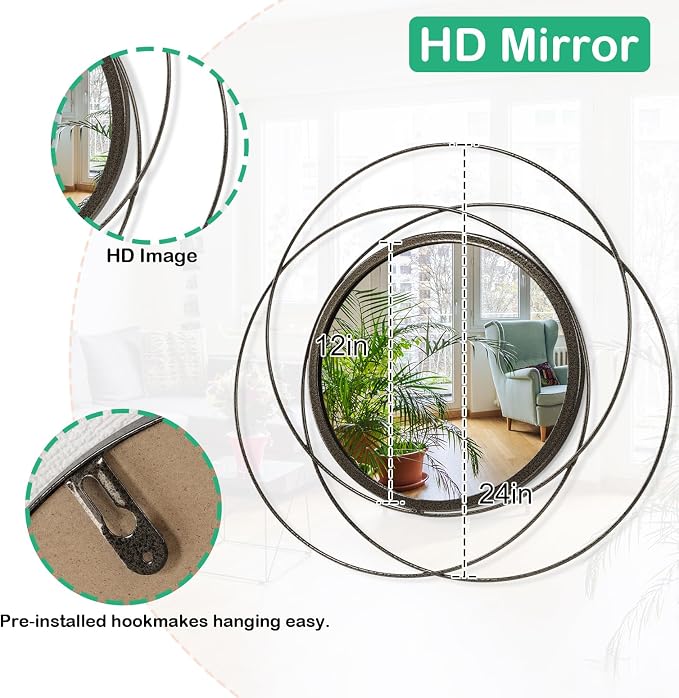 Circle Mirror for Wall with Iron Metal Wire Frame Wall-Mounted Mirror for Home Decor Living Room Bedroom Bathroom Entryway Large Brass 24" x 24"