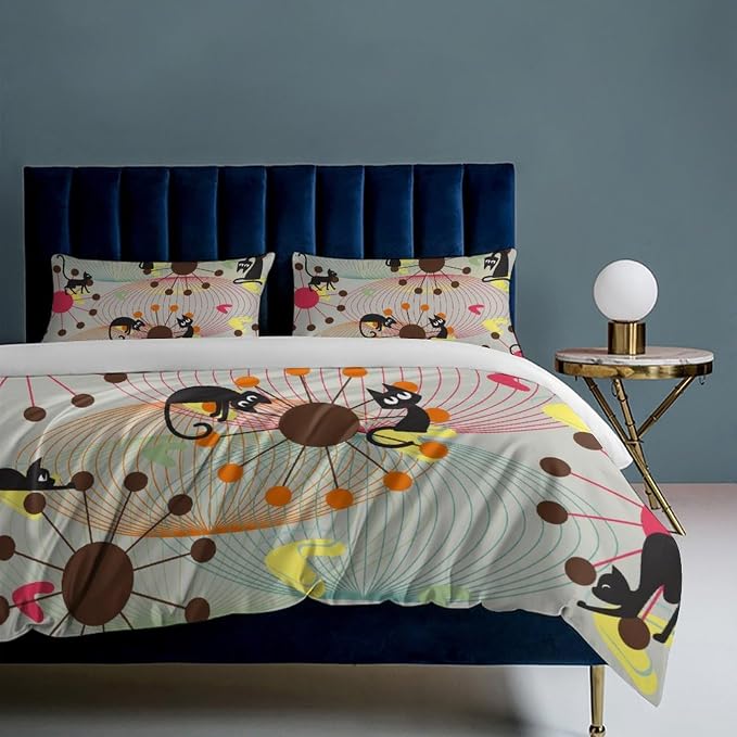 Mid Century Duvet Cover Sets Vintage Black Cat Modern Style Printed Lightweight Soft Quilt Cover Abstract Geometric Minimalist Soft Microfiber 3 Piece (1 Duvet Cover 90x90in + 2 Pillow Sham 20x30in)