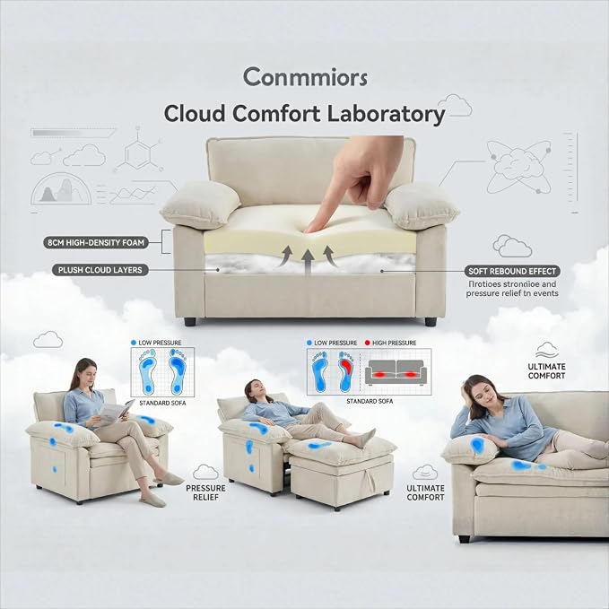 Furnimart Oversized Accent Chair with Storage Ottoman, Super Plush Cloud Chair, Chunky Cushion Chenille Chaise Lounge for Living Room Bedroom Reading Nook, Beige