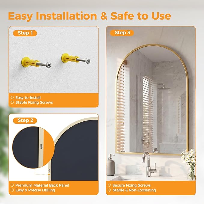 Arched Gold Bathroom Mirrors for Wall, 20x30-Inch Bathroom Mirror for Over Sink, Wall Vanity Mirror with Matte Metal Frame and HD Shatter-Proof Glass for Entryway, Living Room, Bedroom