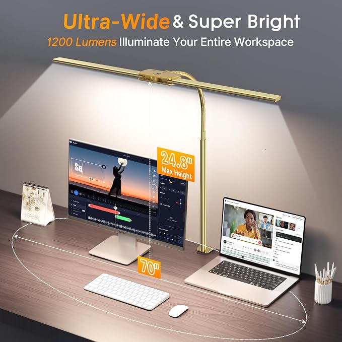 Syrinx LED Desk Lamp for Office Home, Dual Head Eye-Care Architect Table Lamp, Gesture/Wired Control, Flexible Neck, Bright Desk Light with Memory/Timer, 50 Lighting Modes for Study, Drafting, Gold