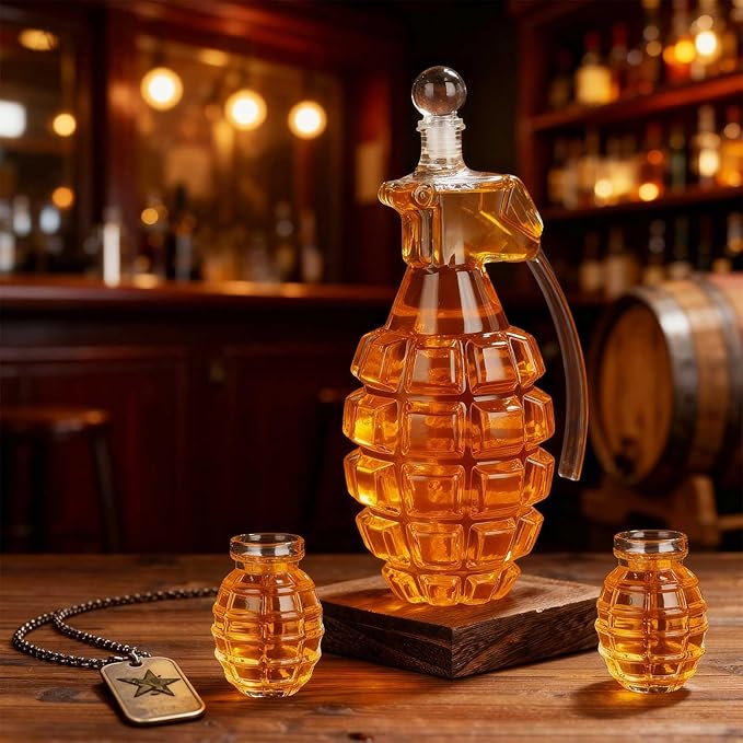 Birthday Gifts for Men, Grenade Shape Whiskey Decanter Set with 2 Shot Glasses, Cool Christmas Anniversary Retirement Gifts for Dad Husband Grandpa, Unique Bourbon Presents