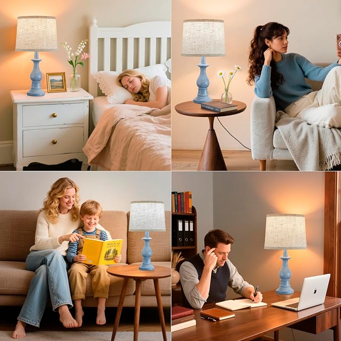 Vintage Table Lamp for Living Room Bedroom, 18.5" Farmhouse Bedside Lamps Nightstand Lamp Set of 2, Table Lamps with Oatmeal Linen Lamp Shades, 2 LED Bulbs Included, Blue