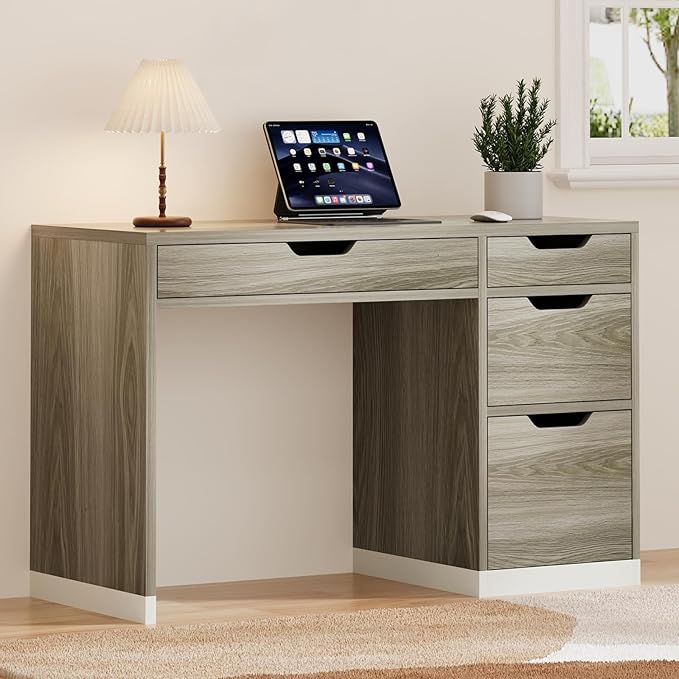 47" Computer Desk with Drawers, Small Home Office Desk with Storage, Wood Desk for Small Space, Office, Study, Walnut
