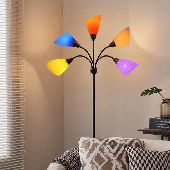 Medusa Floor Lamp, Multi Head 5 Light Floor Lamp for Bedroom with 10 Lampshade, Adjustable Neck Reading Standing Lamp for Living Room,Office,Kids,Classroom (Black)