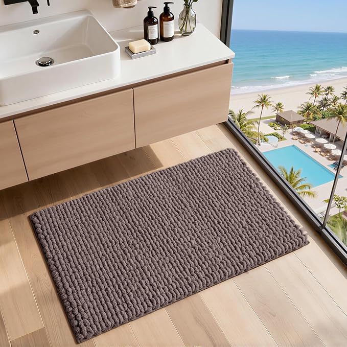 LUMI Luxury Bathroom Rug, Ultra Soft Quick Dry Bath Mat, Non-Slip Absorbent Thick Chenille Bath Rug, Cozy Braid Design Floor Mat for Bathtub, Sink, Laundry, Brown, 24"x36"