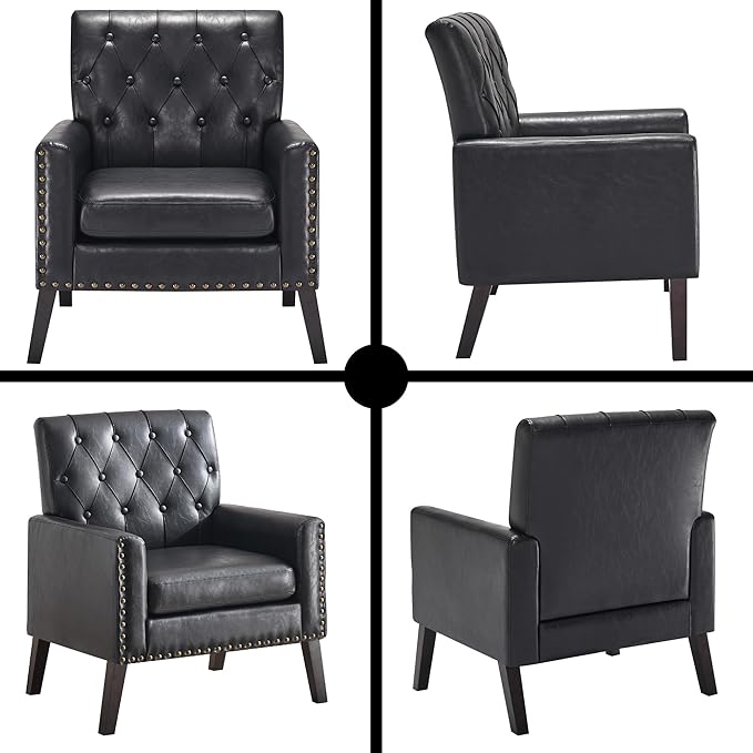 Mid Century Modern Accent Chair, Black Faux Leather Office Chair for Reception - Tufted Leather Club Chair for Living Room, Bedroom, or Waiting Room