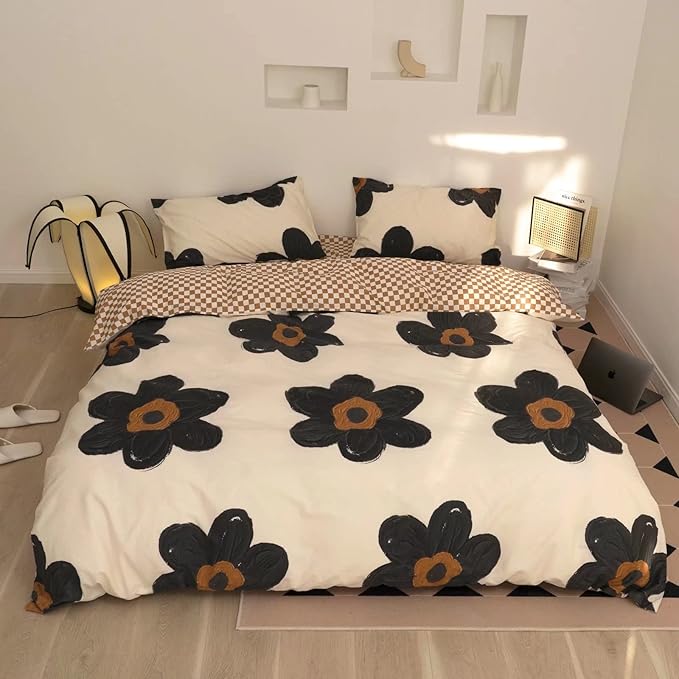 Pureant Black Sunflower Comforter Sets King Black and White Floral Bedding Comforters Cotton Women Girls Boho Black Botanical Quilts Large Flower Blankets Garden Adults Teens Bohemian Rustic Bedding