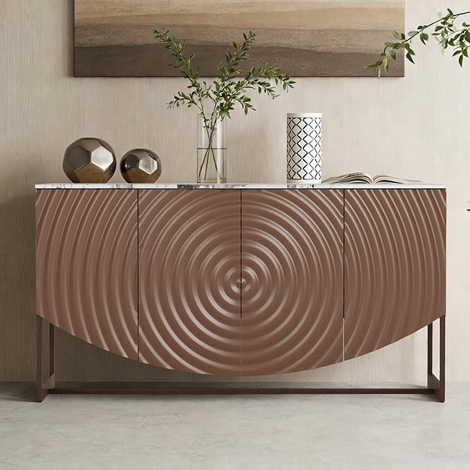 LKTART Sideboard Buffet Cabinet with Storage, 4 Doors Modern Accent Storage Cabinet Water Ripple Sideboard Buffet with Simulated Marble Textured Countertop for Kitchen, Living Room