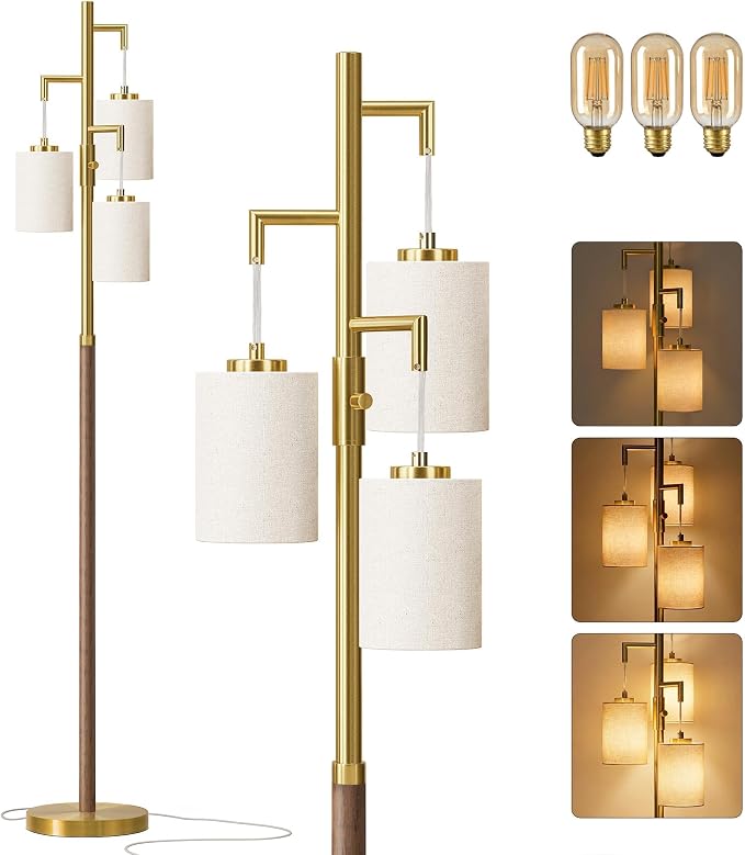 G-SAFAVA 70" Dimmable Floor Lamp Wood Floor Lamps for Living Room Bedroom Mid Century Modern Floor Lamp Gold Standing Lamp Tall Lamps for Office Nursery Reading Elegant Stand Up Lamp, 3 Bulbs Included