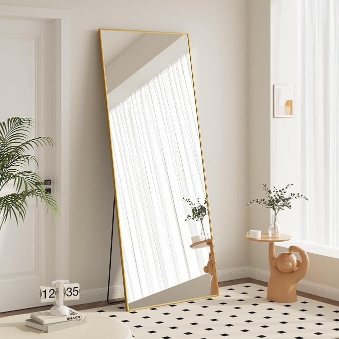OLIXIS Gold Full Length Mirror 60"x16" for Bedroom, Full Body Mirror with Stand, Hanging or Leaning for Wall, Aluminum Alloy Thin Frame Floor Standing for Living Room, Long