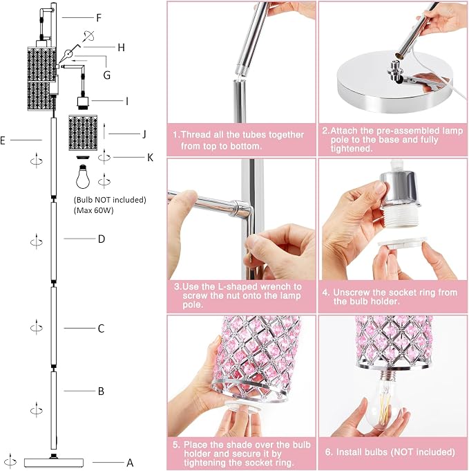 GyroVu Pink Crystal Floor Lamp, 3-Light Standing Tall Lamp with Sparkling K9 Crystal Shade, Rotary Switch, Easy Assemble Lamps for Living Room, Bedroom, Home Office, Girls Room