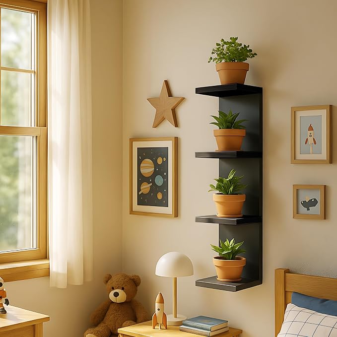 4 Tier Wall Shelf Unit,Vertical Column Floating Storage Home Decor Organizer,Black Lack Wall Shelf for Bedroom,Living Room,Office Decor(2 Pack)