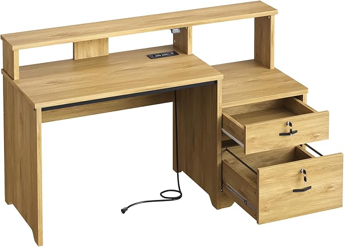 Bestier 55" Computer Desk with Power Outlets & LED Lights, Home Office Desk with Lockable File Drawer & Printer Shelf, Monitor Stand, Modern Workstation for Gaming Study, Natural Oak