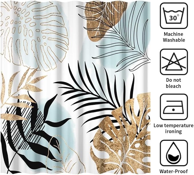Modern Boho Shower Curtain Turquoise Gold Palm Leaves Abstract Aesthetic Bathroom Decor Watercolor Botanical Theme Bohemian Bath Curtains Washable Waterproof Polyester Fabric with Hooks 48x72 Inch