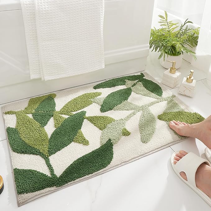 Hi Space Bathroom Rugs 24x16IN Blue Leaves Bath Mat for Bathroom Non Slip Machine Washable Soft Microfiber Absorbent Cute Bath Rug Plush for Tub Shower Sink Fluffy Home Decor Accessories
