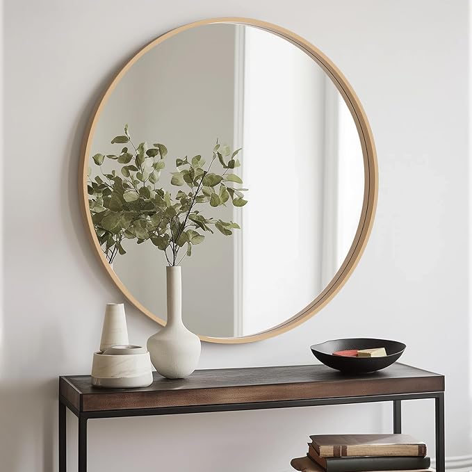 HOMECOOKIN Round Wood Mirror, 31" Round Bathroom Wall Mirror Circle Mirrors for Wall Decor, Vanity, Living Room, Bedroom, Entryway, Natural
