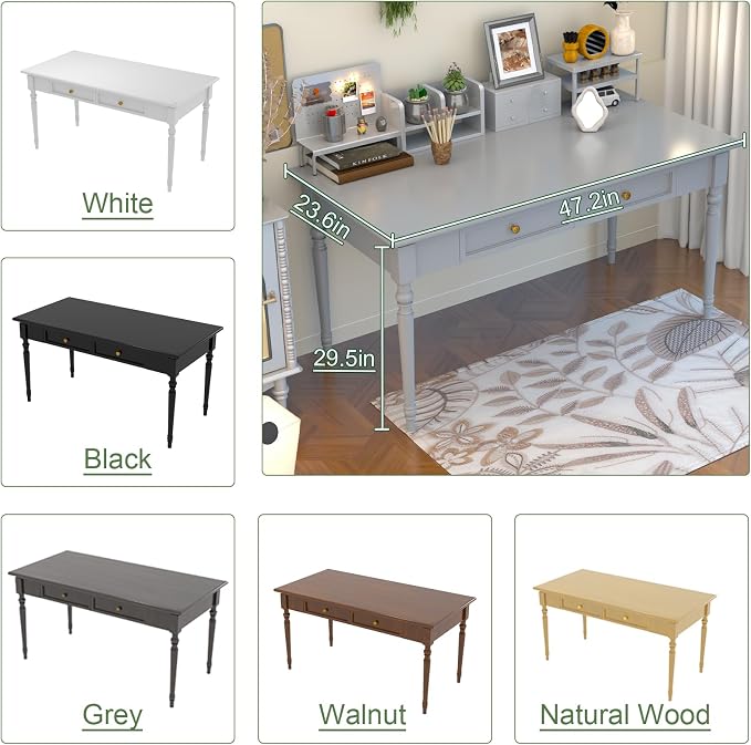Solid Wood French Country Desk,Writing Desk with Storage Drawers,Farmhouse Computer Table Makeup Table Modern Simple Style,for Home Office Living Room Study Workspace Bedroom (Grey, 47.2IN)