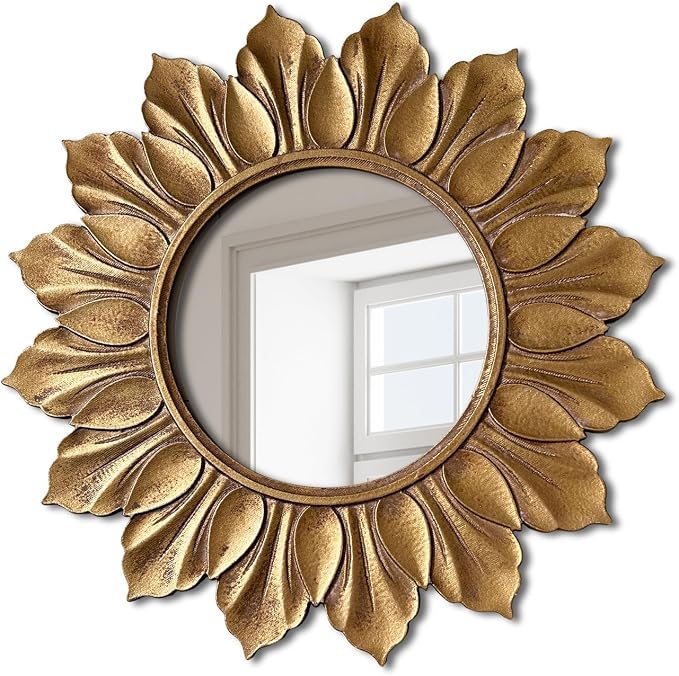 Sunflower Sunburst Wall Mirror, 26" Distressed Gold Wooden Frame, Handcrafted Petal Floral Design, Vintage Farmhouse Style Mirror for Wall Decor for Living Room, Bedroom, Bathroom, Vanity