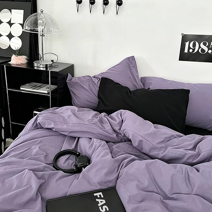 mixinni Solid Purple Duvet Cover Set Queen Size - 100% Washed Cotton 3-Piece Minimalist Bedding Set, Ultra Soft Breathable Solid Color Purple Comforter Cover with Zipper & Corner Ties, Full Size