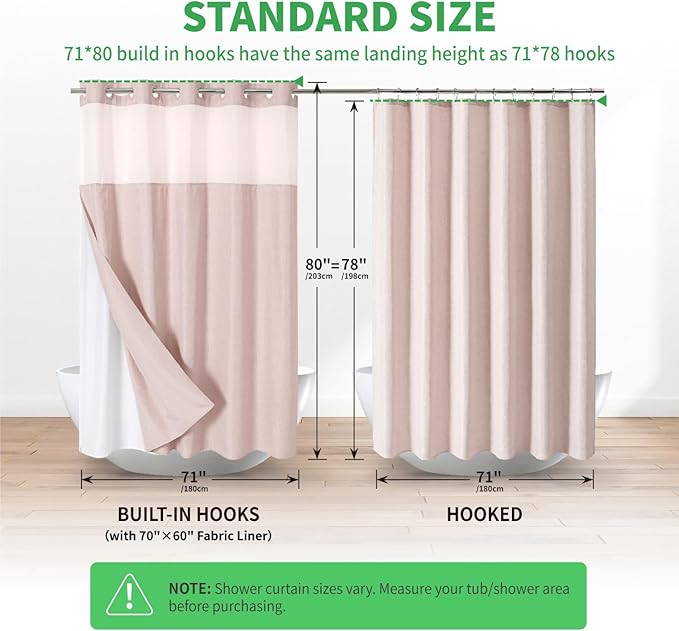 Long No Hooks Needed Linen Textured Shower Curtain with Snap-in Fabric Liner Set,Blush Hotel Luxury Decor Shower Curtains for Bathroom,Waterproof & Washable,71Wx80H