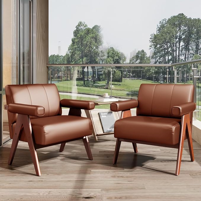 STHOUYN Brown Leather Accent Chairs, Mid Century Modern Chair, Side Arm Chairs for Living Room, Office Guest Waiting Room Lobby Chairs (1, Brown)