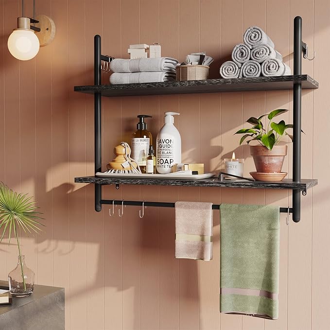 Bestier Pipe Shelf Industrial Floating Shelving 31" Kitchen Wall-Mounted Shelf Towel Bar Hooks Coffee Bar Shelves Wine Hanging Display Rack Bookshelf Living Room Decor Bathroom-Charcoal Black